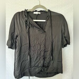 Sandro Black Satin Short Sleeve Tie Neck Ruffle Neck Blouse Top Size 1